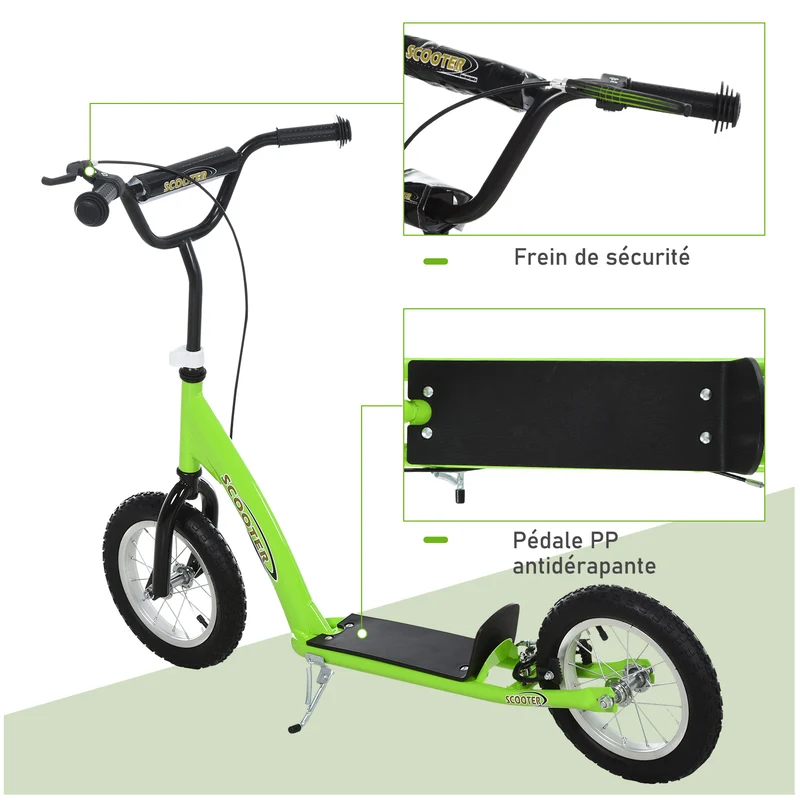 Trottinette enfant grande roues 117 x 52 x 85 cm guidon réglable plateau antidérapant moderne tendance en acier vert 21_0000665
