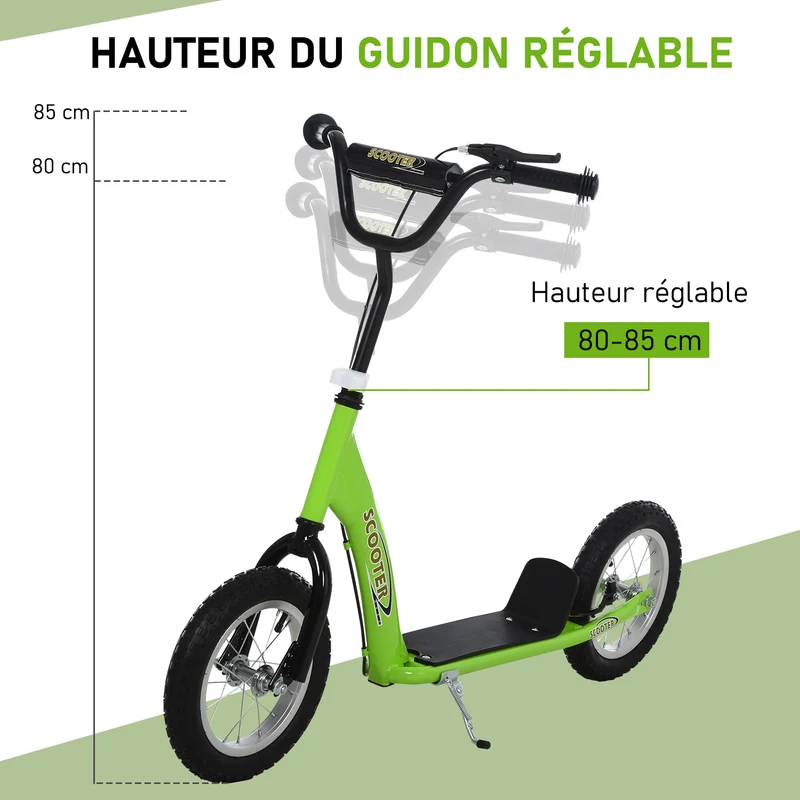 Trottinette enfant grande roues 117 x 52 x 85 cm guidon réglable plateau antidérapant moderne tendance en acier vert 21_0000665