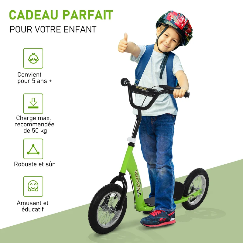 Trottinette enfant grande roues 117 x 52 x 85 cm guidon réglable plateau antidérapant moderne tendance en acier vert 21_0000665