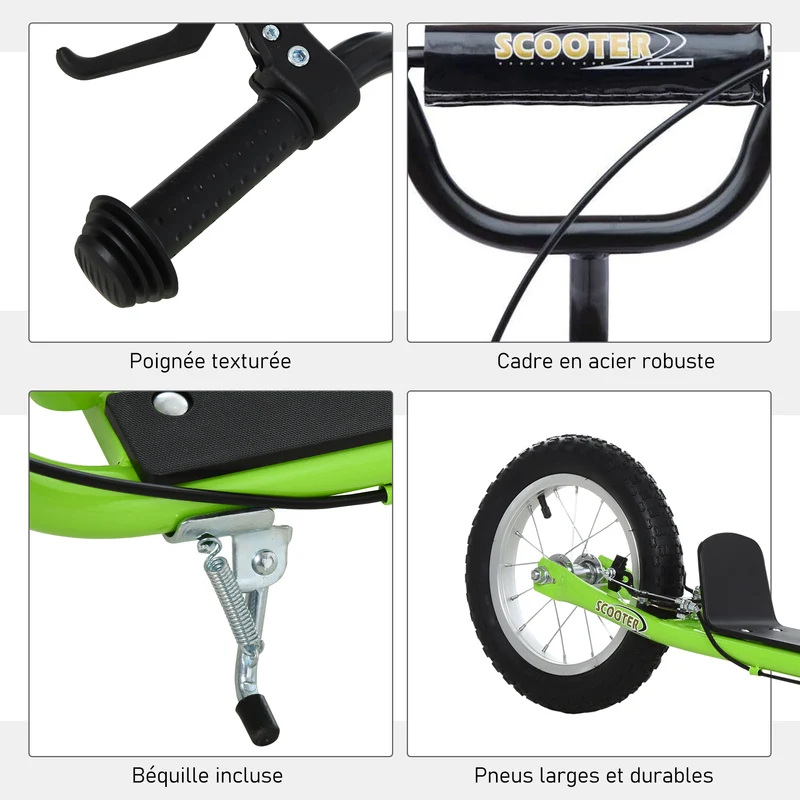 Trottinette enfant grande roues 117 x 52 x 85 cm guidon réglable plateau antidérapant moderne tendance en acier vert 21_0000665