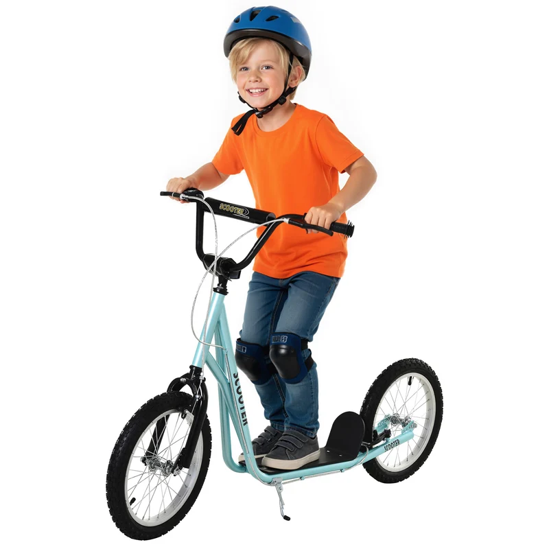 Trottinette enfant 139 x 58 x 90-96 cm guidon réglable frein arrière moderne design pour jardin dès 5 ans en acier bleu 21_0000670