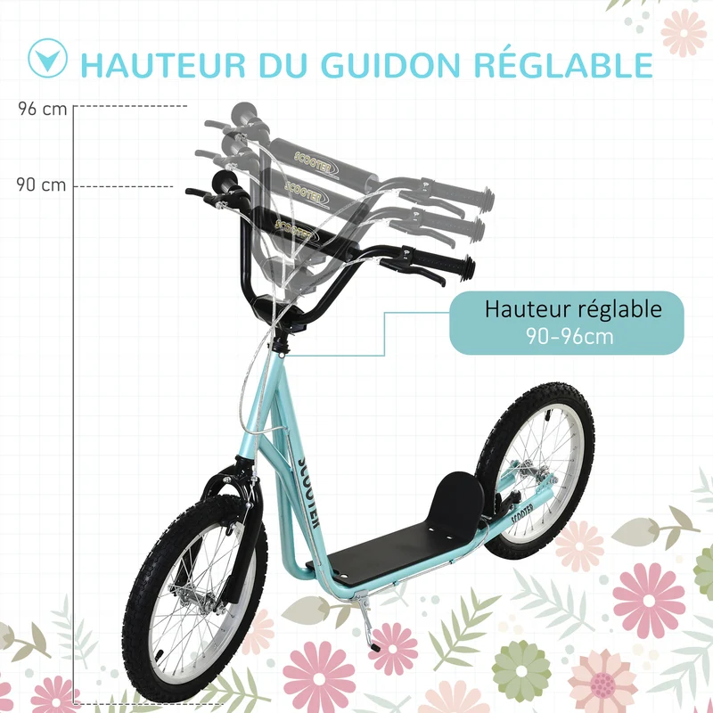 Trottinette enfant 139 x 58 x 90-96 cm guidon réglable frein arrière moderne design pour jardin dès 5 ans en acier bleu 21_0000670