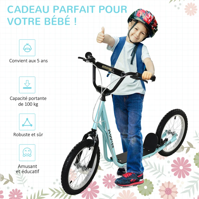 Trottinette enfant 139 x 58 x 90-96 cm guidon réglable frein arrière moderne design pour jardin dès 5 ans en acier bleu 21_0000670