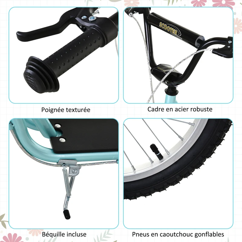 Trottinette enfant 139 x 58 x 90-96 cm guidon réglable frein arrière moderne design pour jardin dès 5 ans en acier bleu 21_0000670