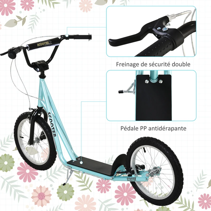 Trottinette enfant 139 x 58 x 90-96 cm guidon réglable frein arrière moderne design pour jardin dès 5 ans en acier bleu 21_0000670