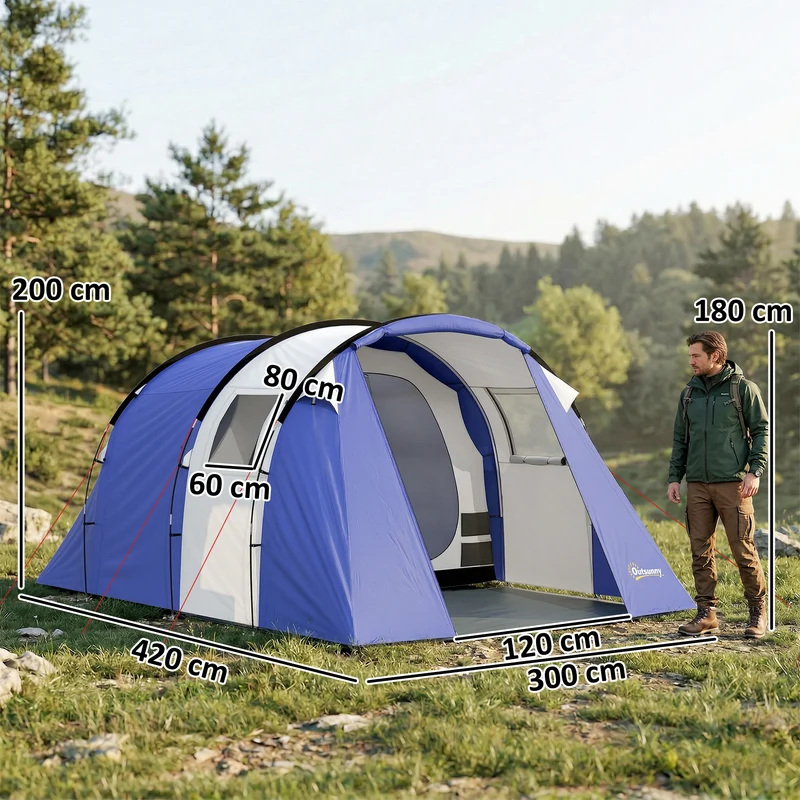 Tente de camping tunnel 4 personnes 420 x 300 x 200 cm imperméable 3000 mm montage rapide moderne en polyester bleu foncé 21_0006564