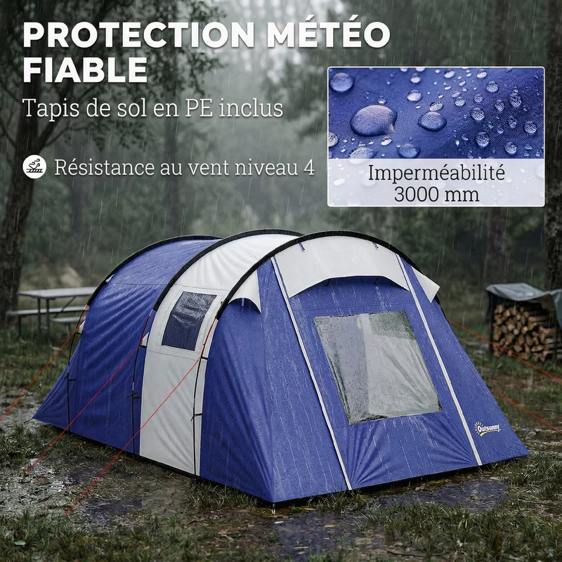 Tente de camping tunnel 4 personnes 420 x 300 x 200 cm imperméable 3000 mm montage rapide moderne en polyester bleu foncé 21_0006564