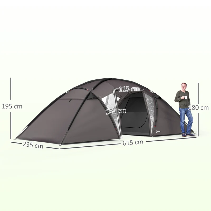Tente camping tunnel familiale 4-6 pers 615 x 235 x 195 cm imperméable 3000 mm 2 chambres salon design en polyester noir 21_0006523