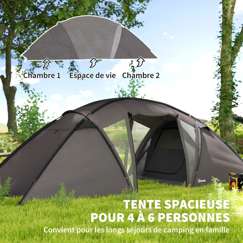 Tente camping tunnel familiale 4-6 pers 615 x 235 x 195 cm imperméable 3000 mm 2 chambres salon design en polyester noir 21_0006523