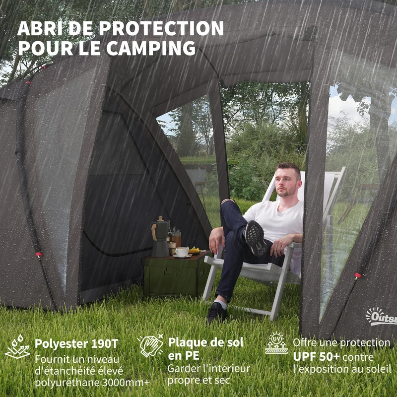 Tente camping tunnel familiale 4-6 pers 615 x 235 x 195 cm imperméable 3000 mm 2 chambres salon design en polyester noir 21_0006523
