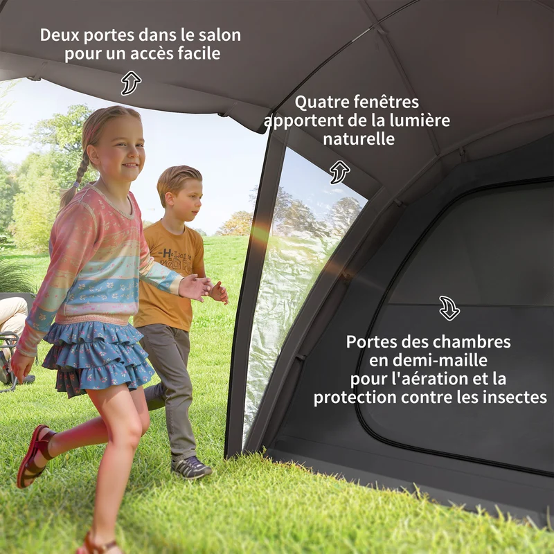 Tente camping tunnel familiale 4-6 pers 615 x 235 x 195 cm imperméable 3000 mm 2 chambres salon design en polyester noir 21_0006523
