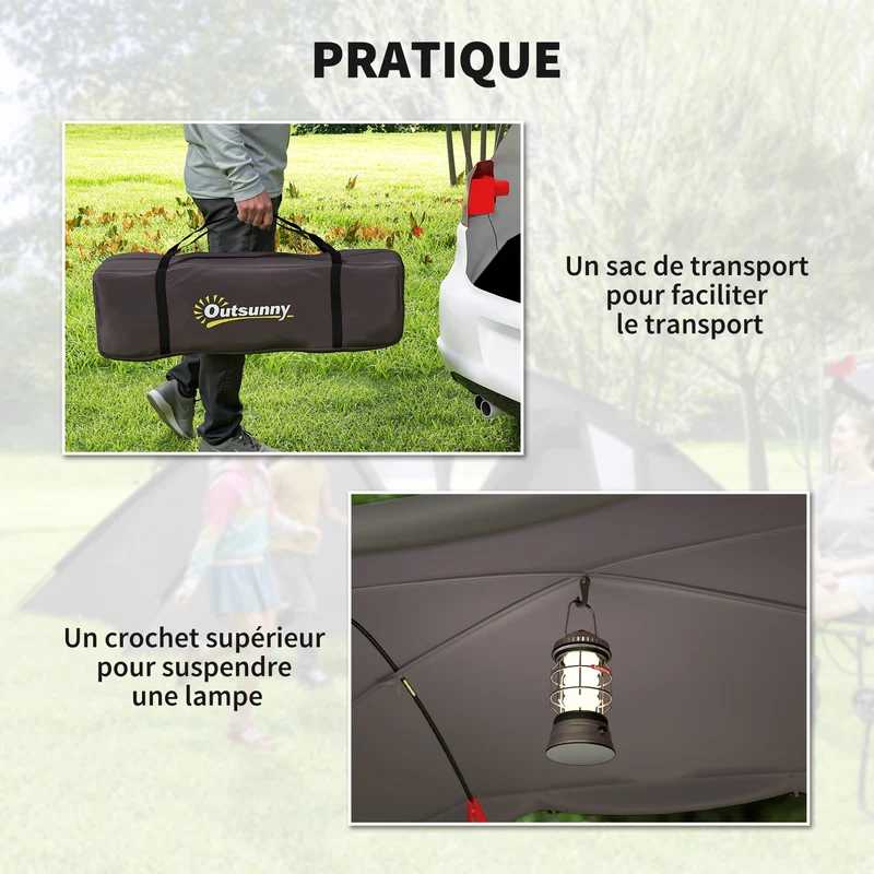 Tente camping tunnel familiale 4-6 pers 615 x 235 x 195 cm imperméable 3000 mm 2 chambres salon design en polyester noir 21_0006523