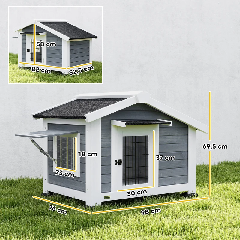 Niche pour chien extérieur surélevée 98 x 76 x 69.5 cm fond amovible aération design élégant jardin montage en bois gris 21_0007315