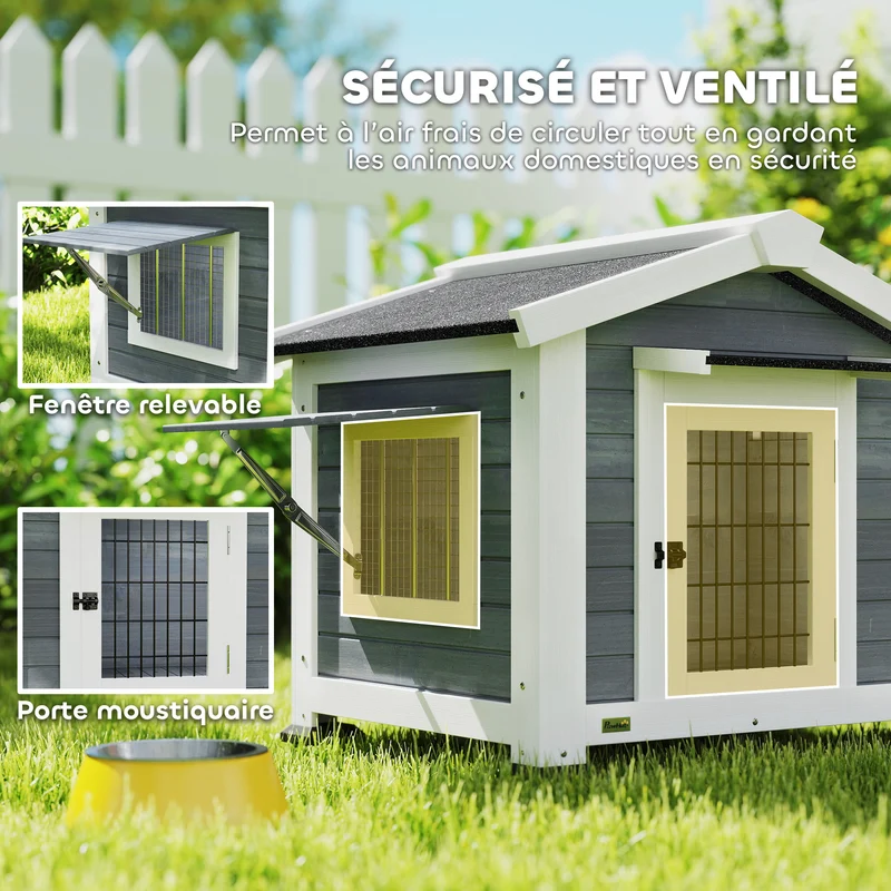 Niche pour chien extérieur surélevée 98 x 76 x 69.5 cm fond amovible aération design élégant jardin montage en bois gris 21_0007315