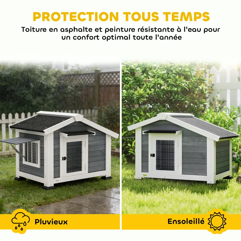 Niche pour chien extérieur surélevée 98 x 76 x 69.5 cm fond amovible aération design élégant jardin montage en bois gris 21_0007315