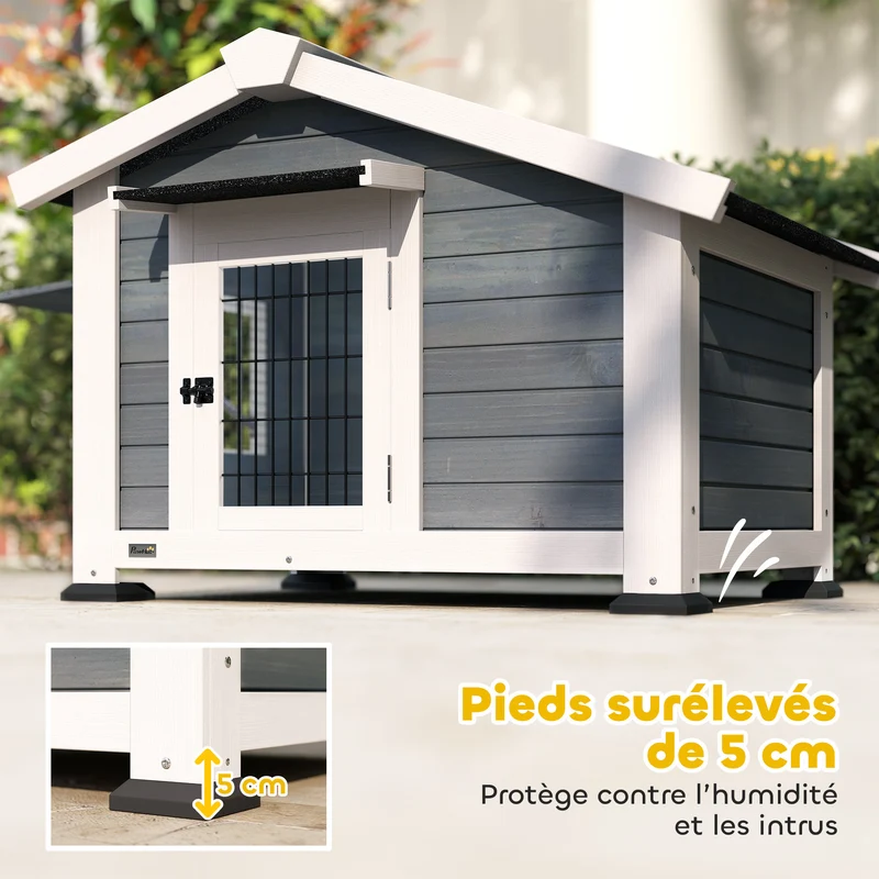 Niche pour chien extérieur surélevée 98 x 76 x 69.5 cm fond amovible aération design élégant jardin montage en bois gris 21_0007315