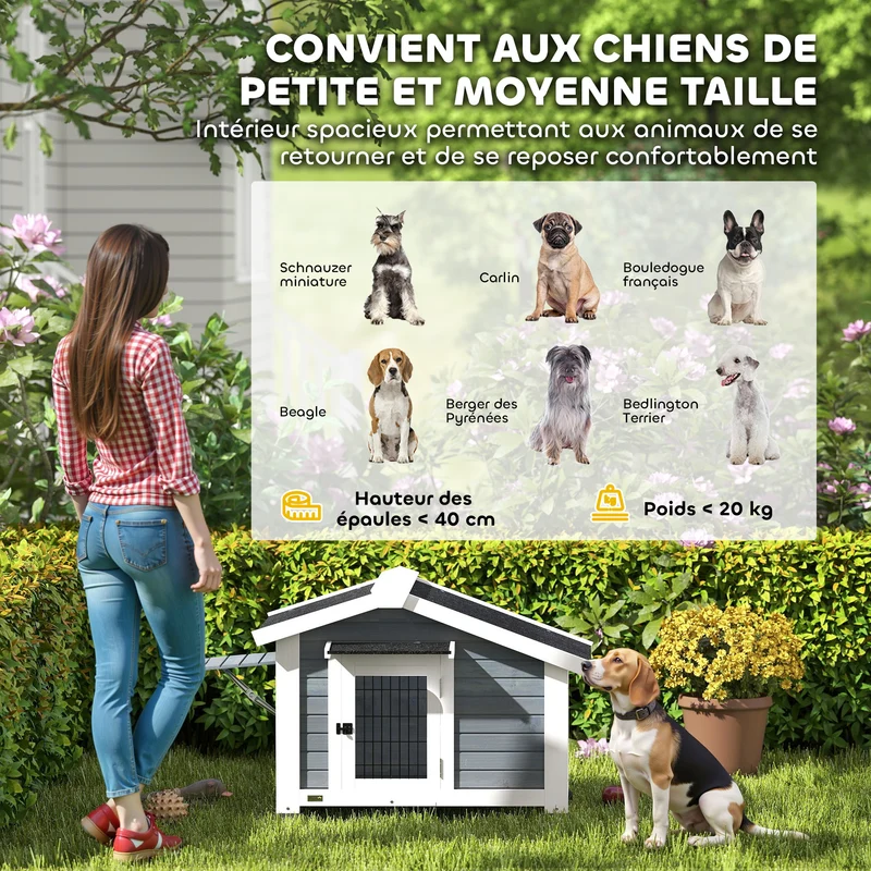 Niche pour chien extérieur surélevée 98 x 76 x 69.5 cm fond amovible aération design élégant jardin montage en bois gris 21_0007315