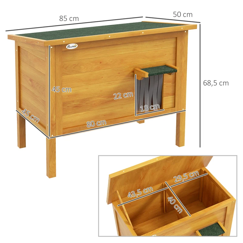Maison pour chats d'extérieur surélevée isolation thermique toit ouvrable 85 x 50 x 68,5 cm rustique en bois naturel 21_0007711