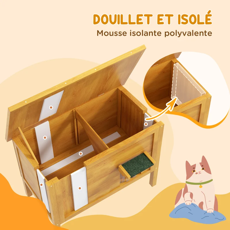 Maison pour chats d'extérieur surélevée isolation thermique toit ouvrable 85 x 50 x 68,5 cm rustique en bois naturel 21_0007711