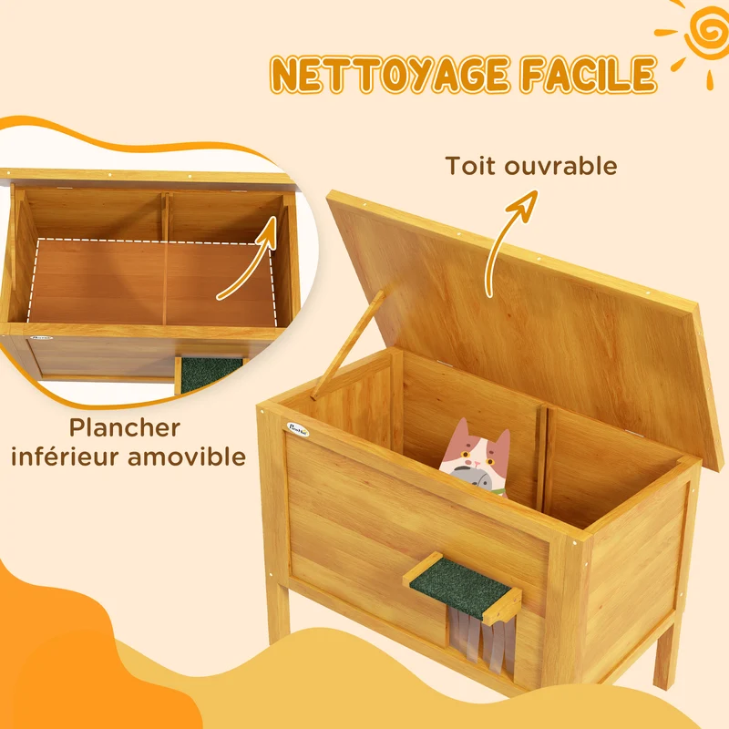 Maison pour chats d'extérieur surélevée isolation thermique toit ouvrable 85 x 50 x 68,5 cm rustique en bois naturel 21_0007711