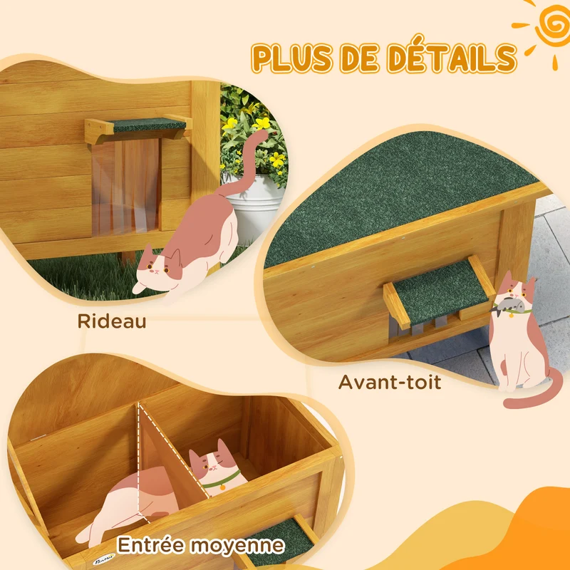 Maison pour chats d'extérieur surélevée isolation thermique toit ouvrable 85 x 50 x 68,5 cm rustique en bois naturel 21_0007711