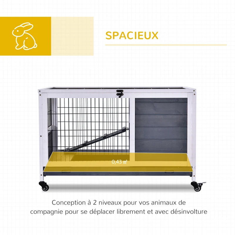 Clapier lapin intérieur double niveau 90 x 53 x 59 cm toit ouvrant plateau amovible design scandinave en bois gris foncé 21_0007894