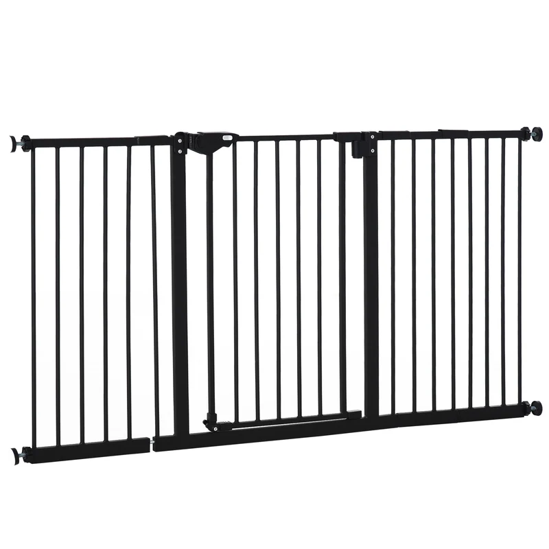 Barrière de sécurité animaux portes couloirs 148 x 76,2 x 5 cm fermeture automatique sans perçage moderne en métal noir 21_0007411