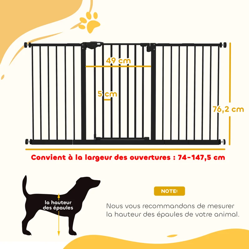 Barrière de sécurité animaux portes couloirs 148 x 76,2 x 5 cm fermeture automatique sans perçage moderne en métal noir 21_0007411