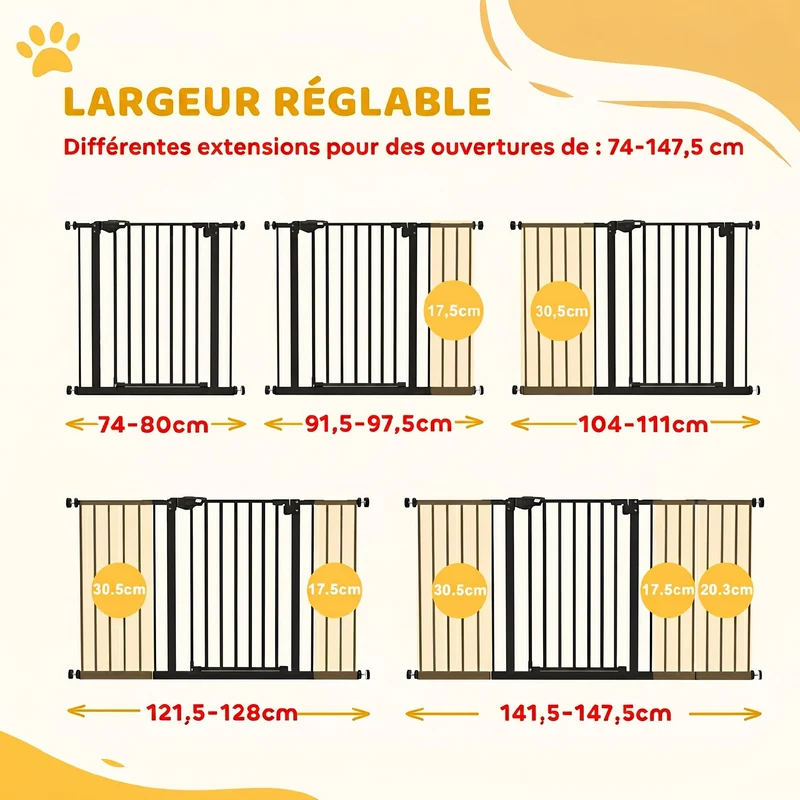 Barrière de sécurité animaux portes couloirs 148 x 76,2 x 5 cm fermeture automatique sans perçage moderne en métal noir 21_0007411