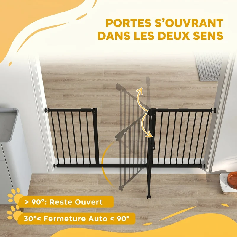 Barrière de sécurité animaux portes couloirs 148 x 76,2 x 5 cm fermeture automatique sans perçage moderne en métal noir 21_0007411