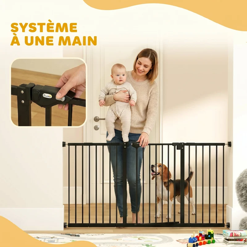 Barrière de sécurité animaux portes couloirs 148 x 76,2 x 5 cm fermeture automatique sans perçage moderne en métal noir 21_0007411