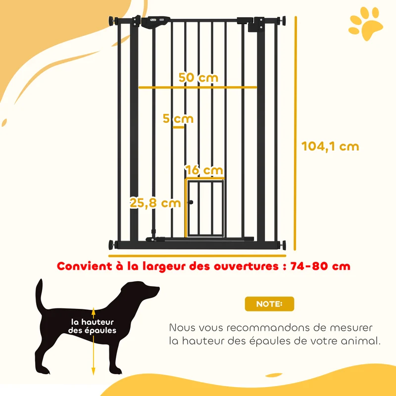 Barrière de sécurité animaux porte chat 74-80 x 104 cm fermeture auto double verrouillage contemporain en acier noir 21_0007436