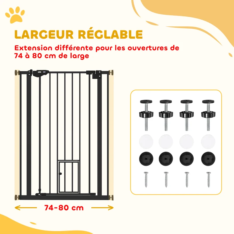 Barrière de sécurité animaux porte chat 74-80 x 104 cm fermeture auto double verrouillage contemporain en acier noir 21_0007436