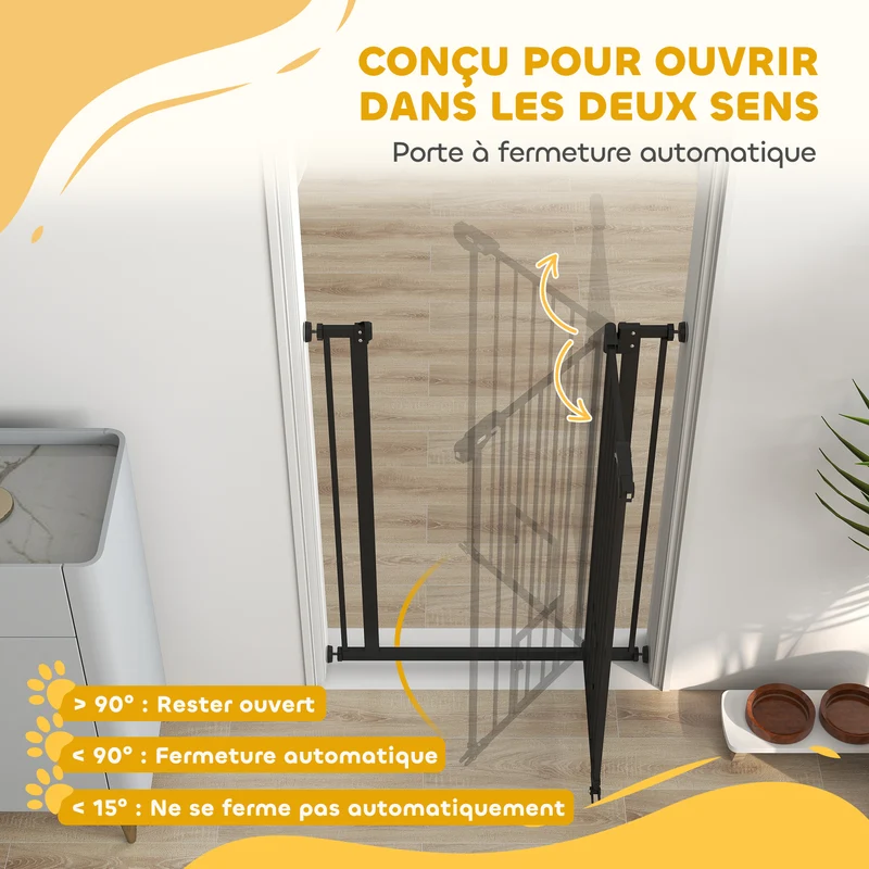 Barrière de sécurité animaux porte chat 74-80 x 104 cm fermeture auto double verrouillage contemporain en acier noir 21_0007436