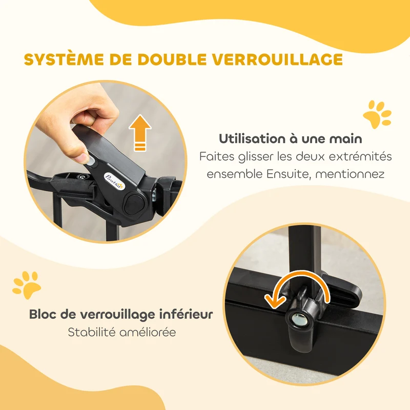 Barrière de sécurité animaux porte chat 74-80 x 104 cm fermeture auto double verrouillage contemporain en acier noir 21_0007436