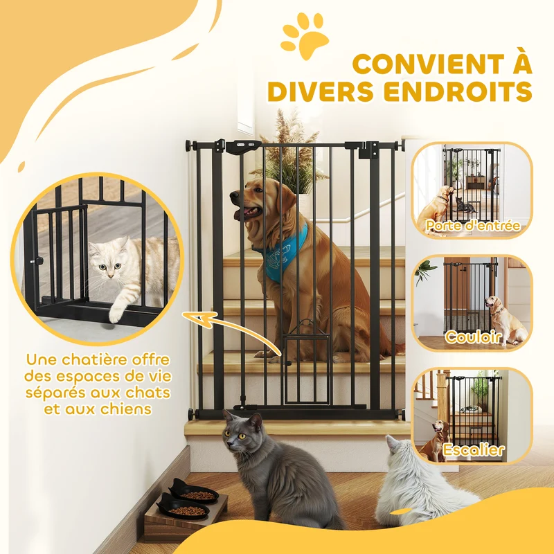 Barrière de sécurité animaux porte chat 74-80 x 104 cm fermeture auto double verrouillage contemporain en acier noir 21_0007436