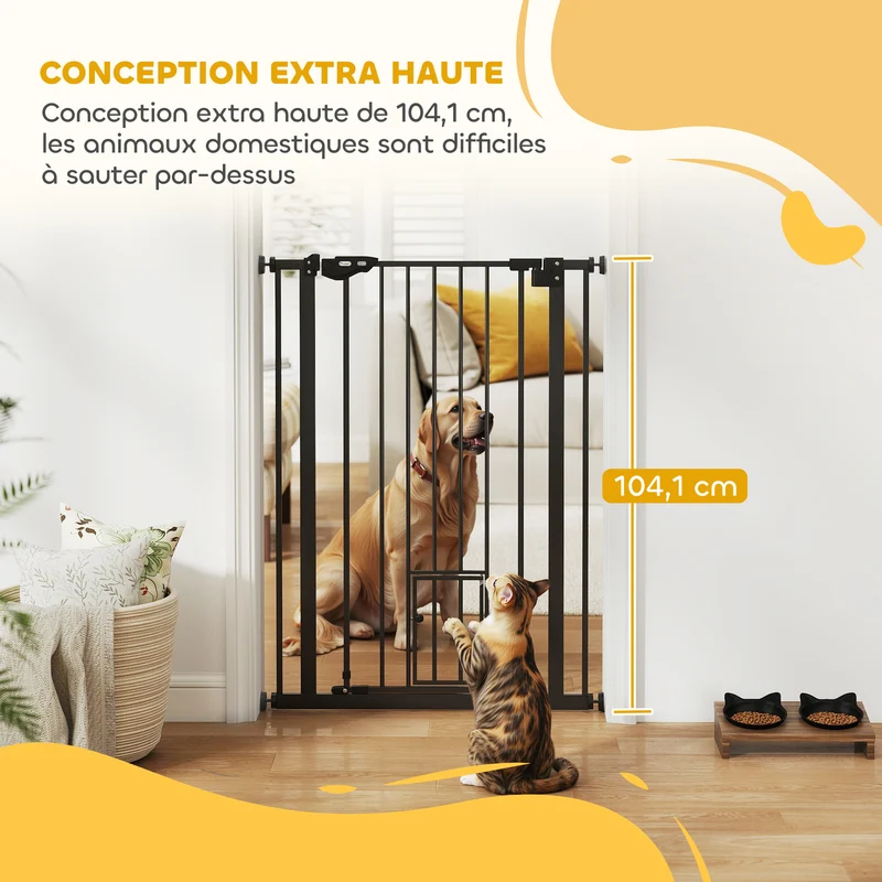 Barrière de sécurité animaux porte chat 74-80 x 104 cm fermeture auto double verrouillage contemporain en acier noir 21_0007436