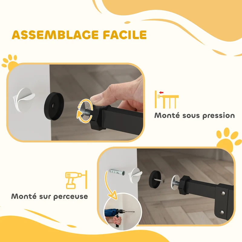 Barrière de sécurité animaux porte chat 74-80 x 104 cm fermeture auto double verrouillage contemporain en acier noir 21_0007436