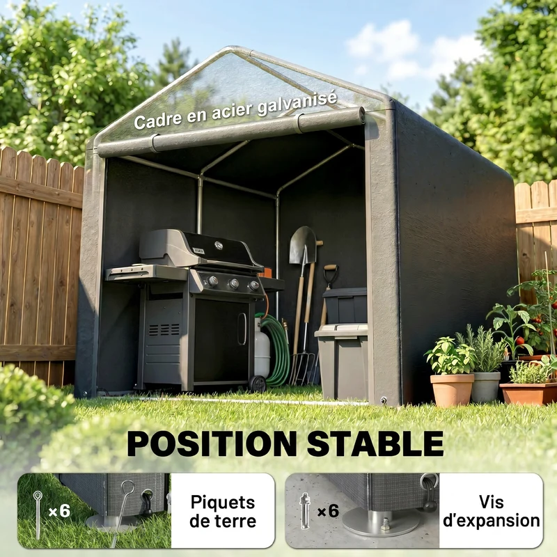 Abri de jardin rangement vélo 160 x 218 x 172 cm porte zippée imperméable contemporain épuré en polyéthylène gris foncé 21_0005475