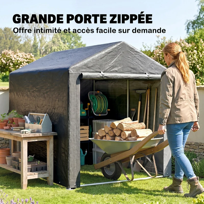 Abri de jardin rangement vélo 160 x 218 x 172 cm porte zippée imperméable contemporain épuré en polyéthylène gris foncé 21_0005475