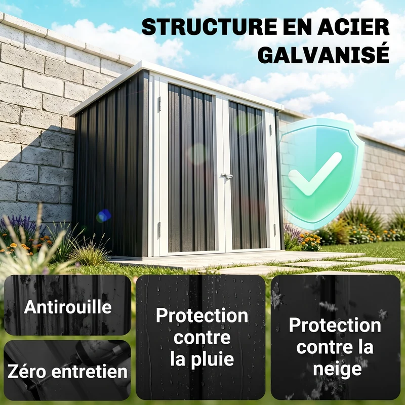 Abri de jardin grand rangement extérieur 147 x 86 x 134 cm double porte sécurisée toit incliné industriel en acier noir 21_0004183