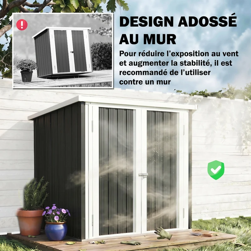 Abri de jardin grand rangement extérieur 147 x 86 x 134 cm double porte sécurisée toit incliné industriel en acier noir 21_0004183