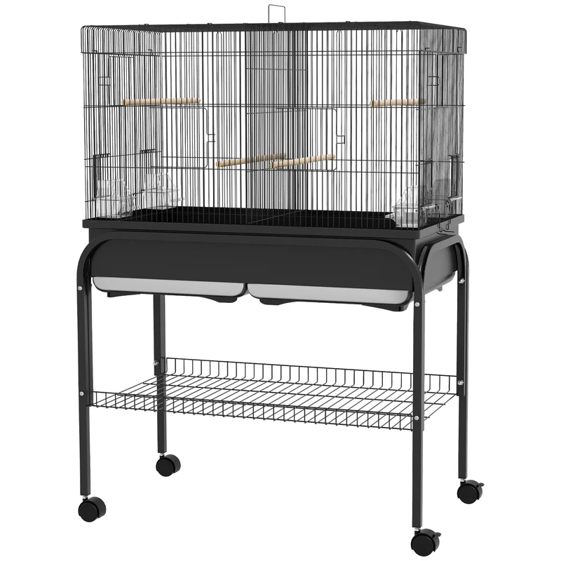 Cage à oiseaux sur support roulettes 85 x 49 x 119 cm portes multiples étagère intégrée moderne scandinave en acier noir 21_0007590
