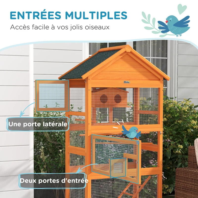 Cage à oiseaux sur pied 92 x 52 x 171 cm grand espace plateau coulissant style rustique extérieur en bois massif orange 21_0007588