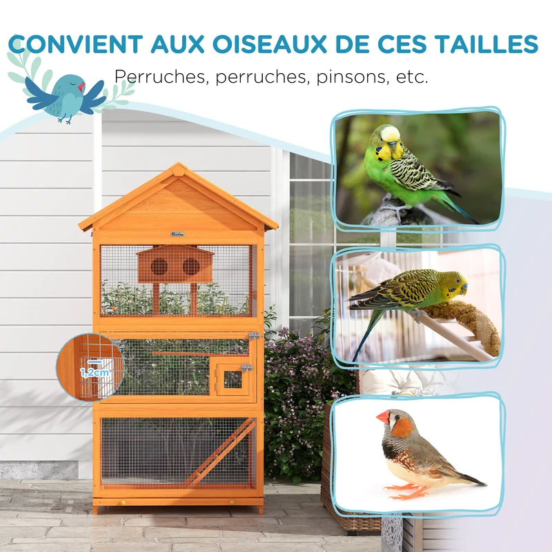Cage à oiseaux sur pied 92 x 52 x 171 cm grand espace plateau coulissant style rustique extérieur en bois massif orange 21_0007588