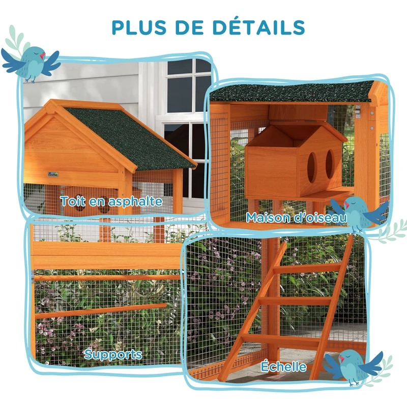 Cage à oiseaux sur pied 92 x 52 x 171 cm grand espace plateau coulissant style rustique extérieur en bois massif orange 21_0007588