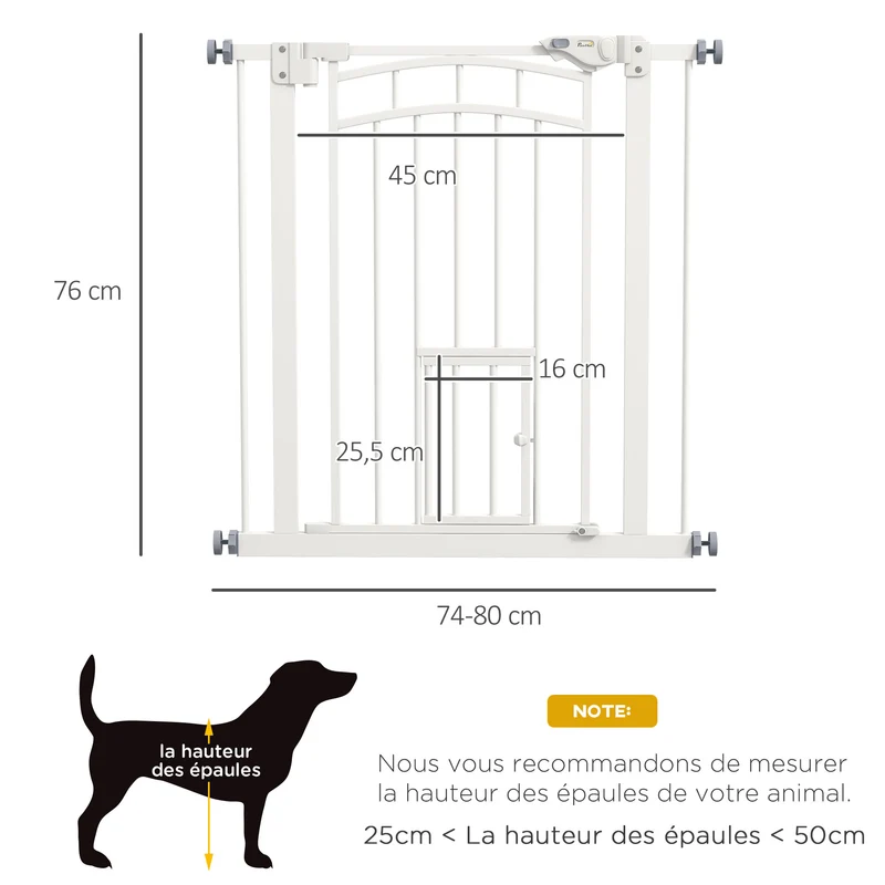 Barrière sécurité animaux 80 x 4 x 76 cm fermeture automatique porte chat réglable design moderne salon en acier blanc 21_0007452