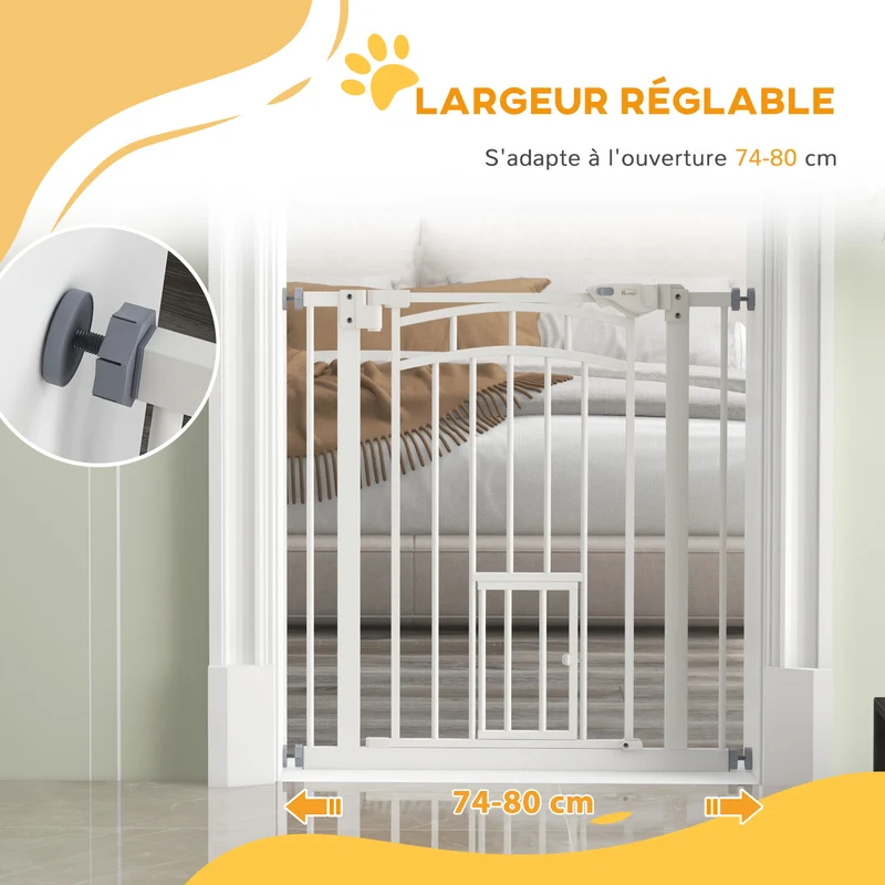 Barrière sécurité animaux 80 x 4 x 76 cm fermeture automatique porte chat réglable design moderne salon en acier blanc 21_0007452