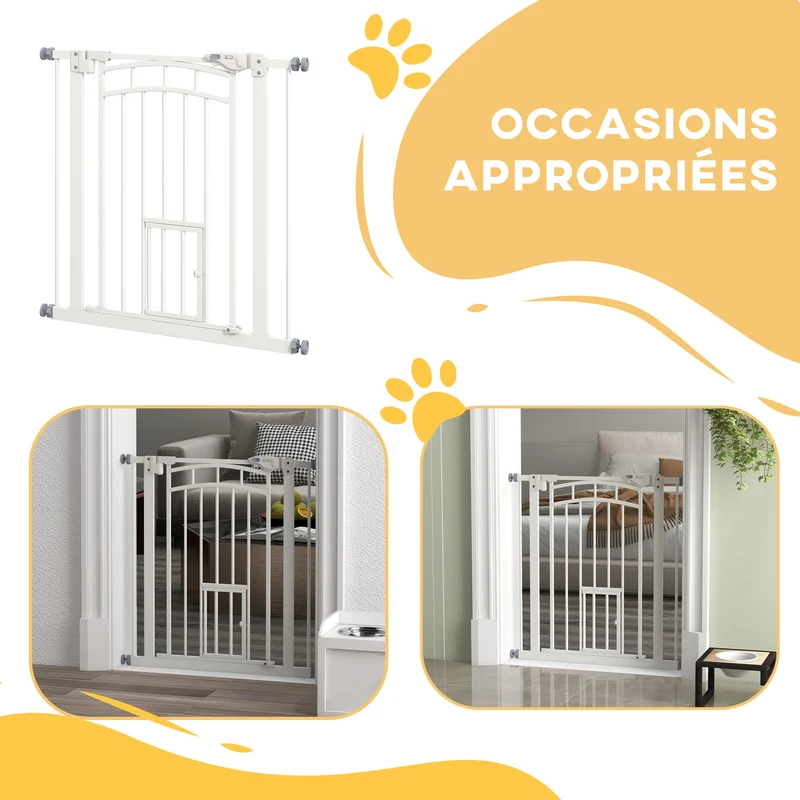Barrière sécurité animaux 80 x 4 x 76 cm fermeture automatique porte chat réglable design moderne salon en acier blanc 21_0007452