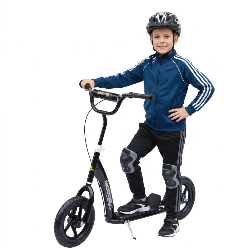 Trottinette pour enfants 5-12 ans 2 roues 120 x 52 x 88 cm guidon réglable frein arrière moderne tendance en acier noir 21_0000675
